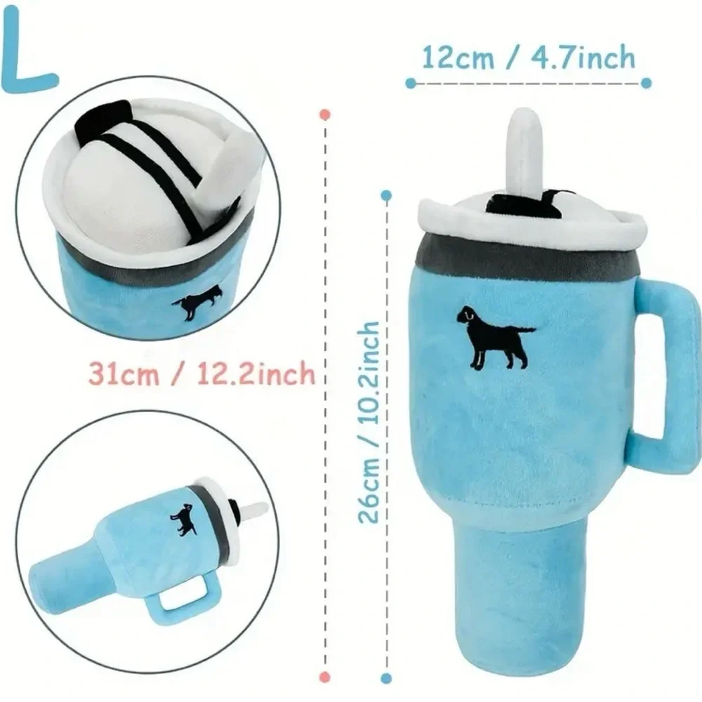 Large Plush Tumbler Dog Toy Blue Coffee Cup Squeaky Toy NWT